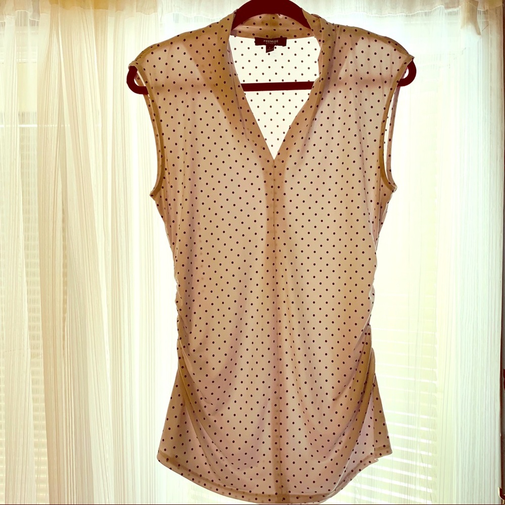 White Polka Dot Sleeveless top with Ruching